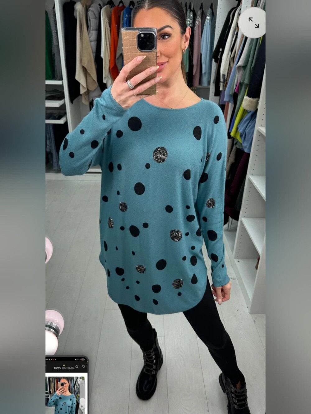 Women's Teal Polka Dot Embellished Pullover Sweatshirt